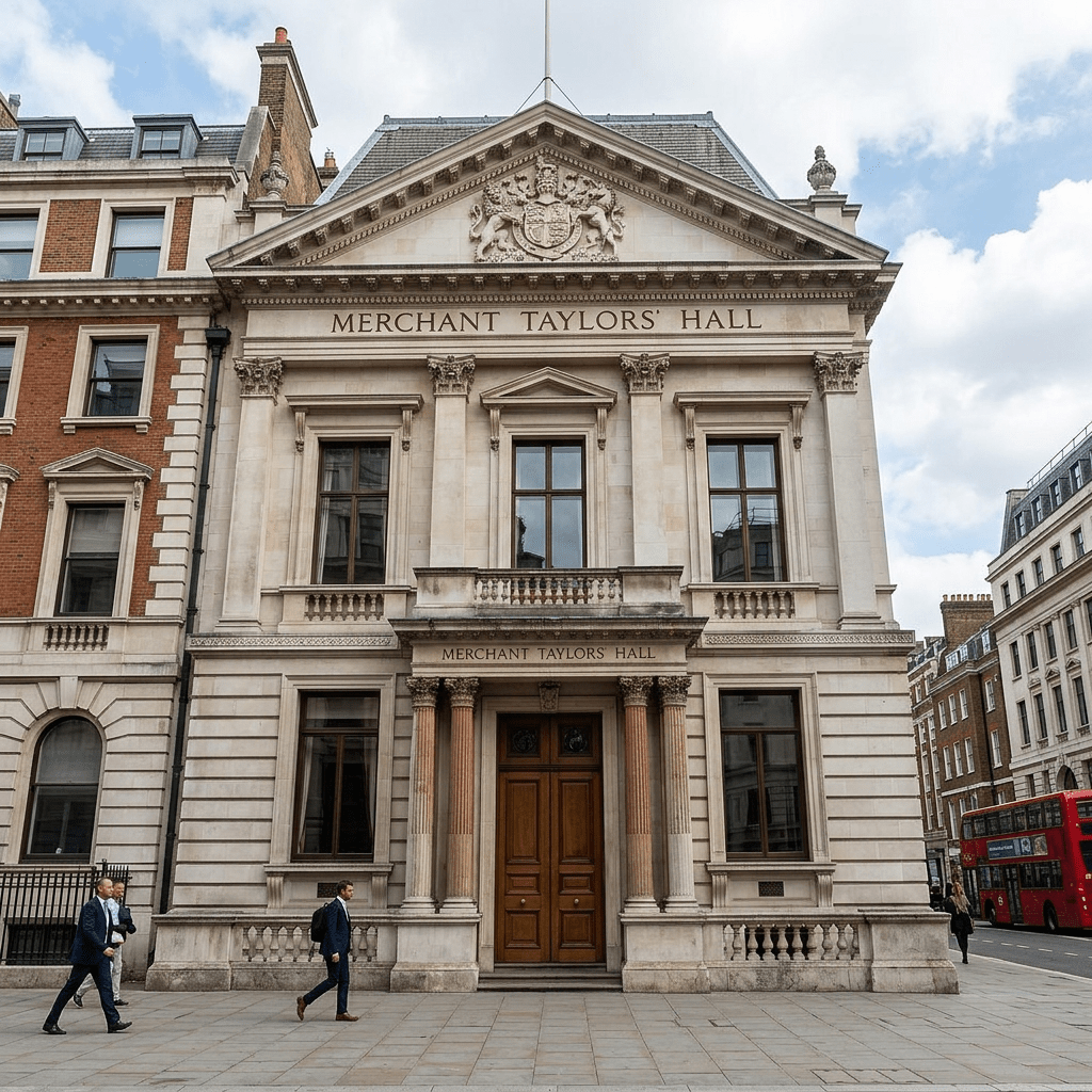 Facade of the Merchant Taylors' Hall building with classical architectural design