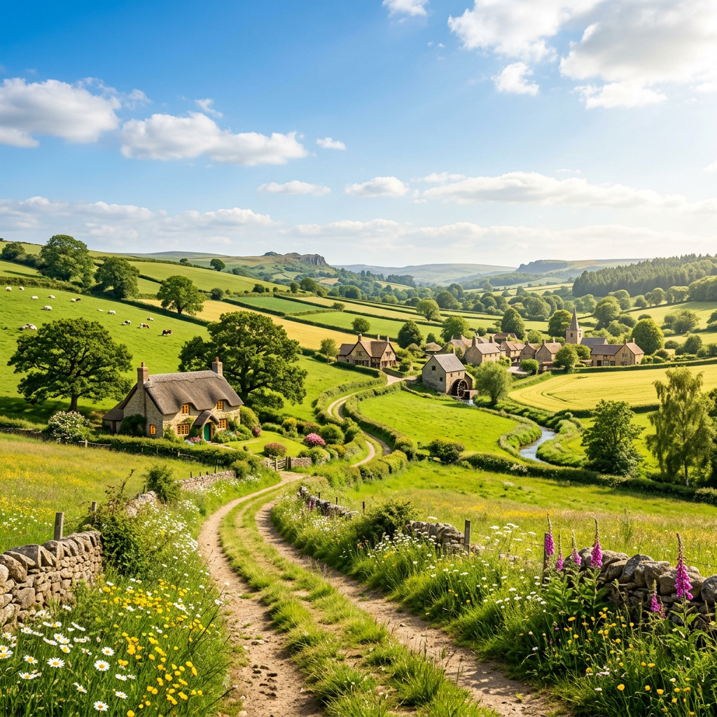 English countryside village with winding dirt road, stone cottages, sheep on hills, and river