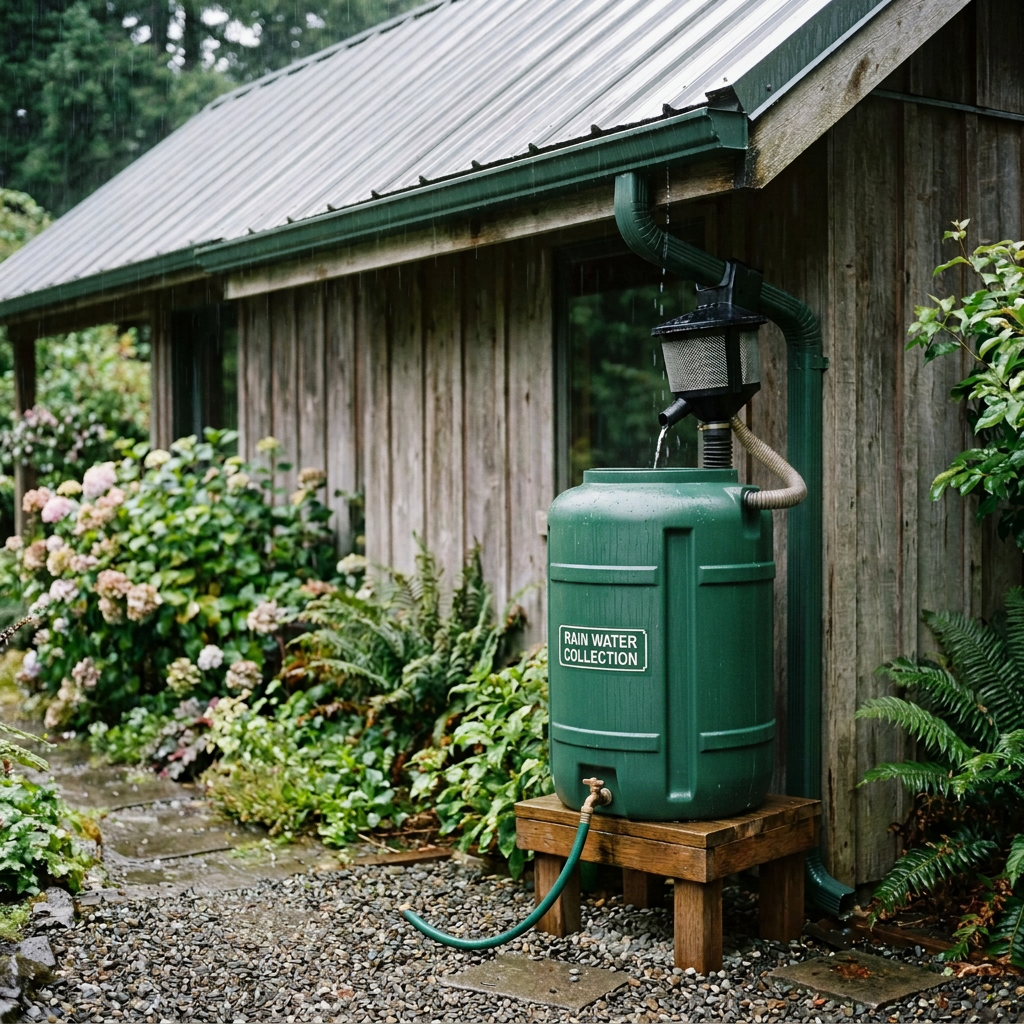 Black rainwater collection barrel connected to house gutter system with water flowing into it