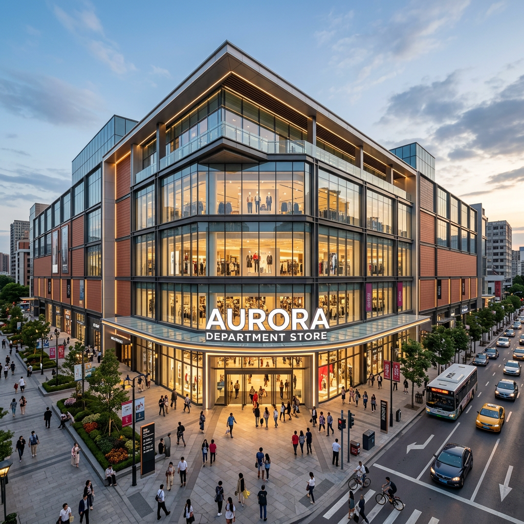 Aurora Department Store building with large glass windows and people walking outside
