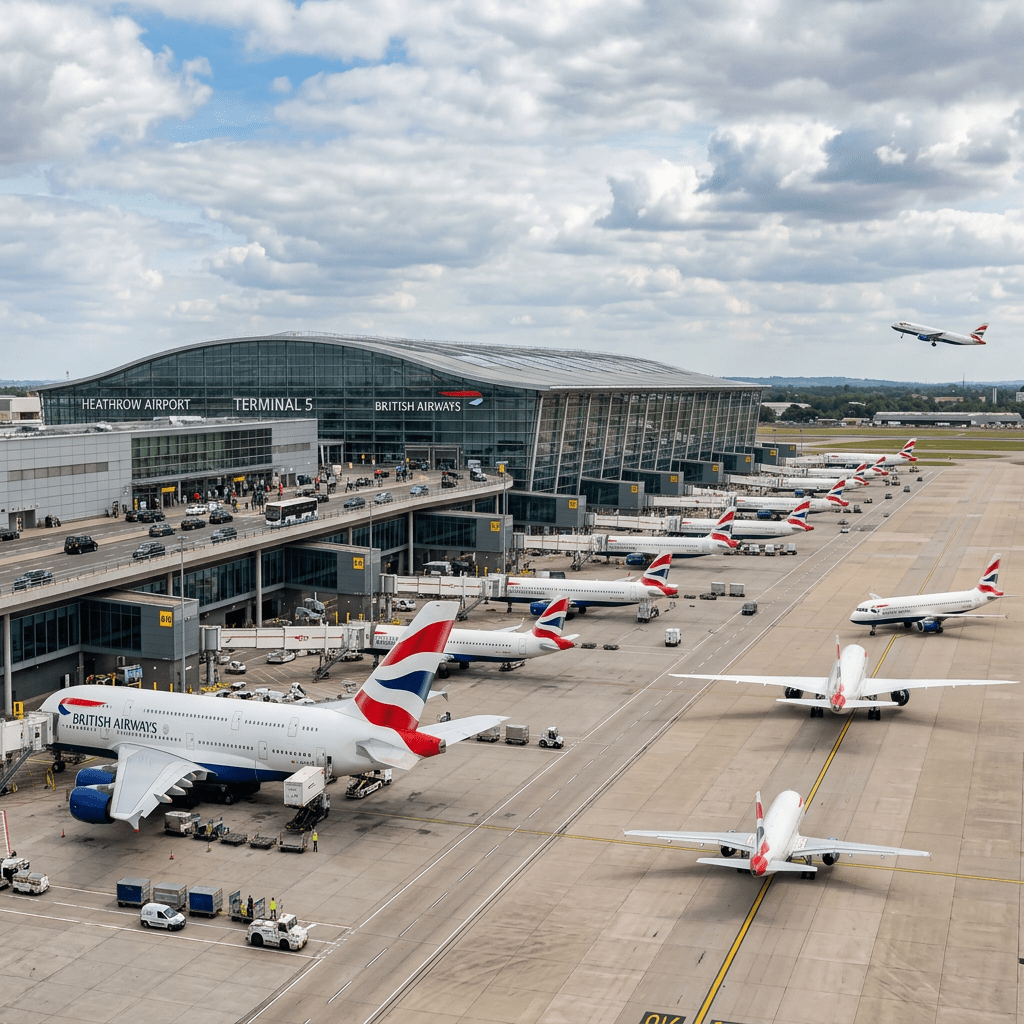 British Airways airplanes at Heathrow Airport Terminal 5 apron and taxiway with one plane taking off