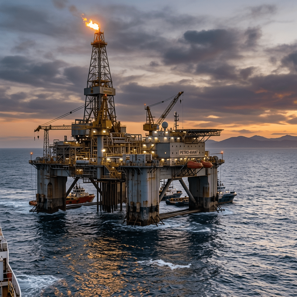 Offshore oil platform labeled PETRO-AVANT with a burning flare at sunset
