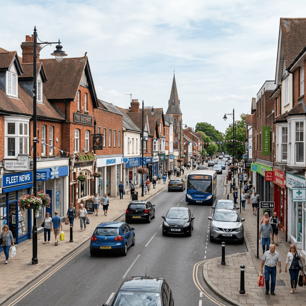 Busy English high street with shops, pedestrians, cars, and church spire