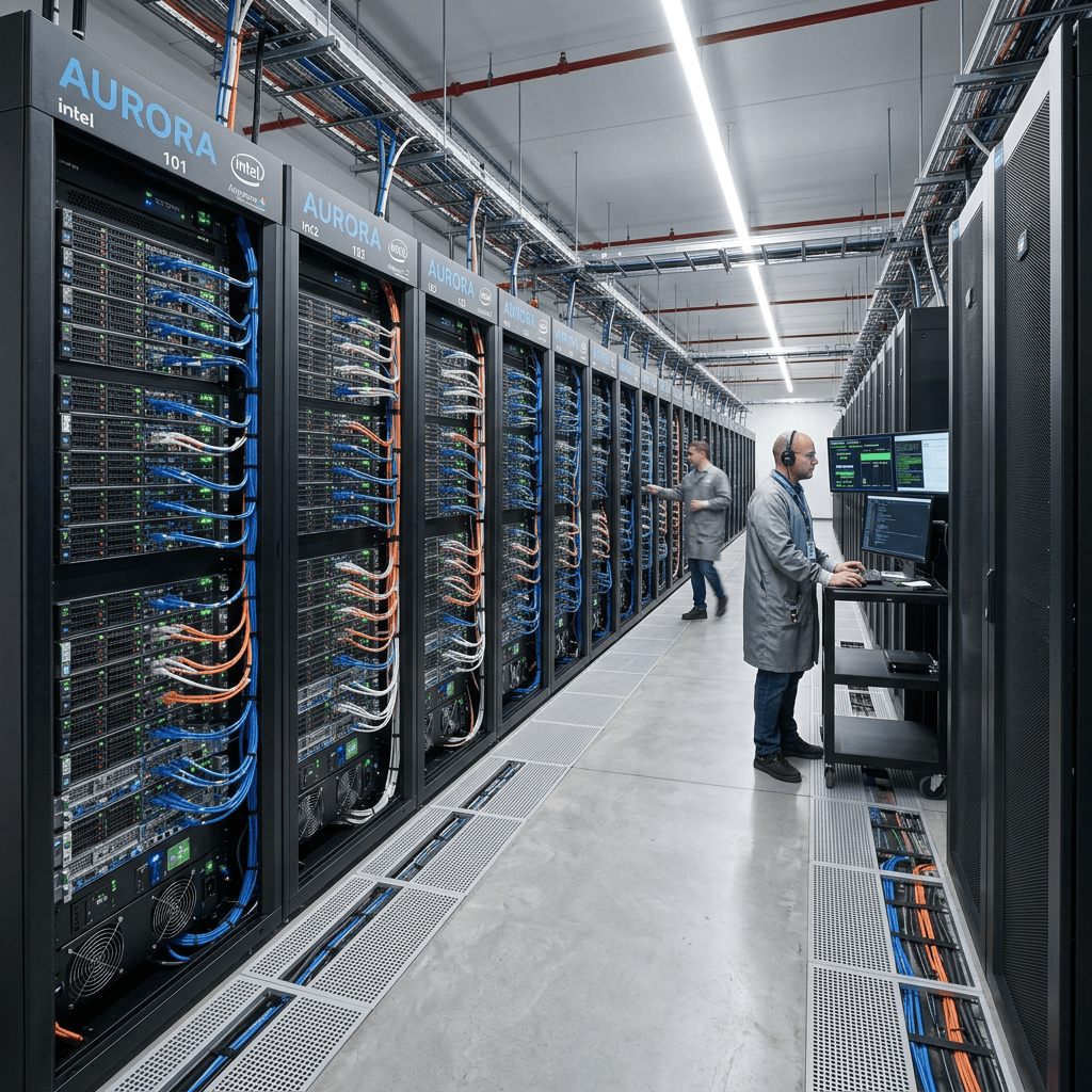 Technicians monitoring Aurora supercomputer racks in a data center