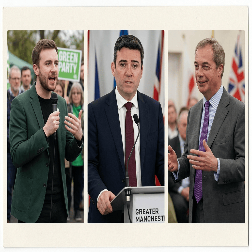 Three British politicians speaking at separate public events, including Green Party and Greater Manchester signs
