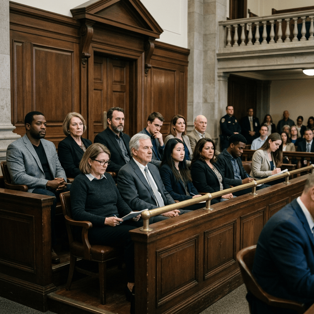 People seated in a wood-paneled courtroom gallery during proceedings