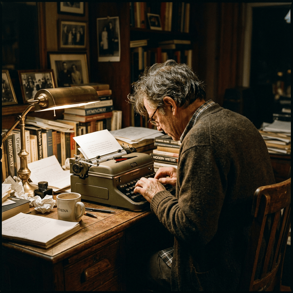 Writer typing at a vintage typewriter in a book-filled study