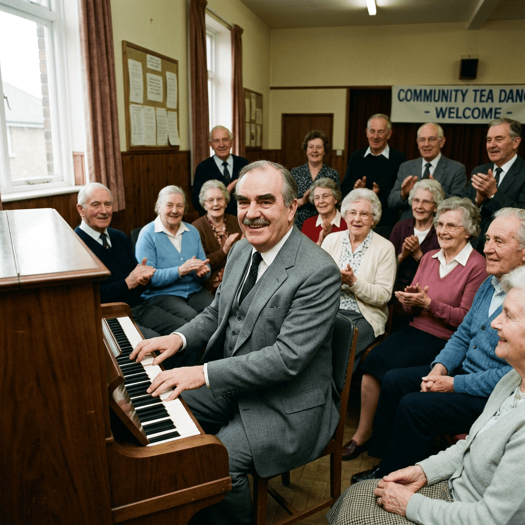 Man playing piano for seniors beneath a “COMMUNITY TEA DANCE – WELCOME” sign