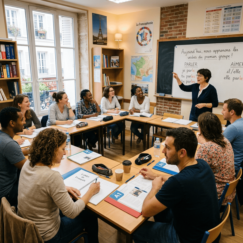 Teacher leading a French lesson with students in a classroom